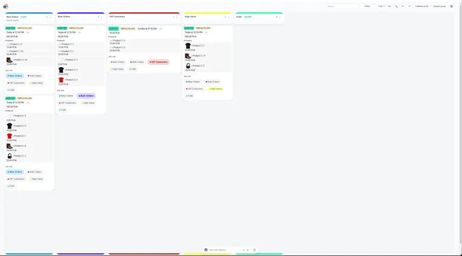 Tablica kanban z zamówieniami Shopify