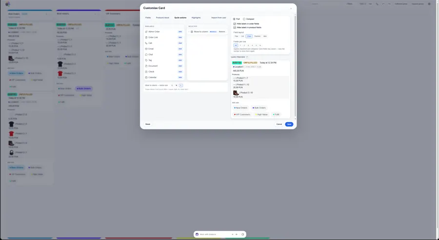 Szybkie akcje: telefon, e-mail, czat, tag, dokument, kalendarz i przeniesienie do kolumny